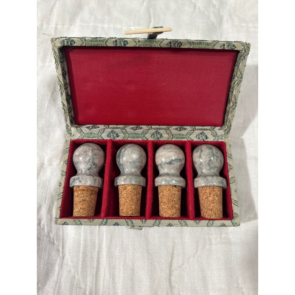 Vintage Marble Wine Bottle Stoppers Set of 4 with Silk Brocade Box Gray White